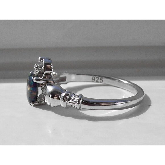 925 STERLING SILVER Dainty Lab Created Black Opal CZ Celtic Claddagh Ring - Picture 11 of 16